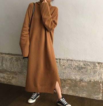 Getadme-Black Turtleneck Long Woolen Dress Women Autumn Winter Turtleneck Oversized Sweater Dresses Women Clothing Chic Knitwear